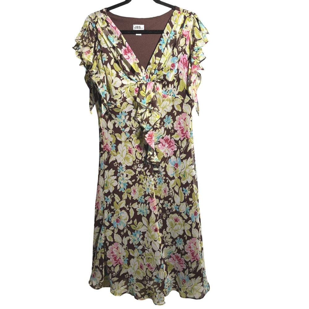 JBS LTD Floral Dress Brown Pink Blue Green Ruffle Sleeve V Neck Fairy Boho 14‎